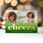 Retro Streifen - Green Chef 2 Foto Vintag Vibe Folien Feiertagskarte<br><div class="desc">Front - Olive grün und Weihnachten Grün in einem Retro-Streifen Muster. Ein Retro-Design für eine Urlaubskarte mit einem trendigen und anderen Design mit dem Wort "jubeln" in Folie. Fügen Sie 2 Fotos und Familiensignatur zu diesem lustigen und dynamischen Design hinzu.</div>