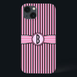 Retro Streifen Monogramm Muster rosa Schwarz iPhone 13 Hülle<br><div class="desc">Dieses niedliche, mädchenhafte, leicht Retro-50er-Gehäuse zeigt rosa, hellrosa und schwarze Streifen und einen Raum, den Sie personalisieren / anpassen können. Fügen Sie einfach Ihr eigenes Monogramm / Initial in das Feld "Personalize It" ein. Der quadratische Schriftart verleiht dem Monogramm ein Vintages modernes Aussehen. Das ist ein helles, farbenfrohes, hübsches, gestreiftes...</div>