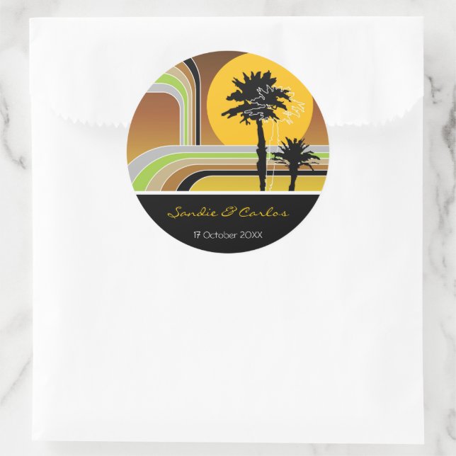 Retro Streifen Sonnenuntergang tropische Palmen Ho Runder Aufkleber (Tasche)