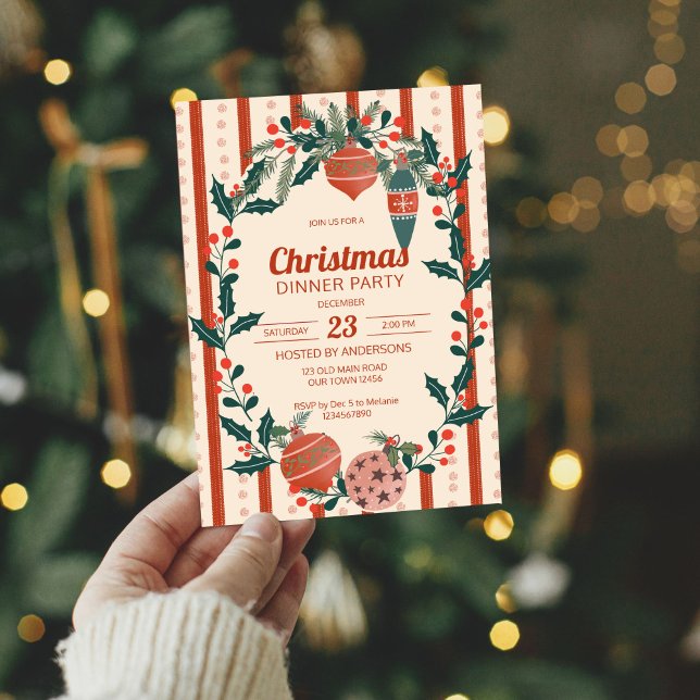 Retro-Streifen zu Weihnachten Großmilenial Dinner  Einladung (Christmas retro red stripes vintage decor grand millennial dinner party invitation cards template )