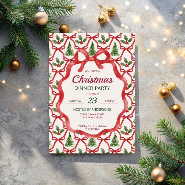 Retro-Streifen zu Weihnachten Großmilenial Dinner  Einladung (Christmas retro red bow wavy border grandmilenial dinner party invitation cards template)