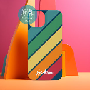 Retro-Streifenmuster Regenbogen - Schriftname iPhone 15 Hülle