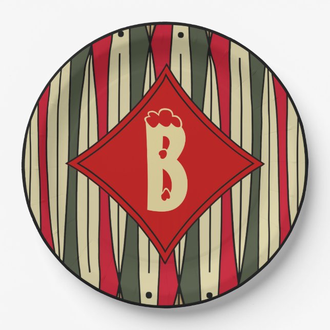 Retro String Art in Christmas Colors Mit Monogramm Pappteller (Vorderseite)