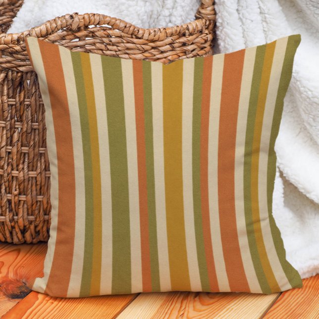 Retro Strip Orange Gold Olive Rust Earth Tone Kissen (Retro boho striped earth tone pillow)