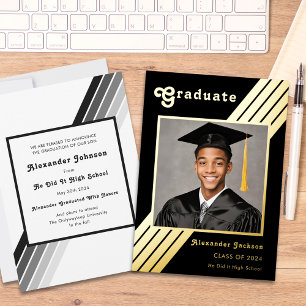 Retro Stripe Grad Foto Black und Gold Abschluss Folieneinladung