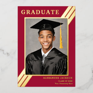 Retro Stripe Grad Foto Burgundy Gold Abschluss Folieneinladung