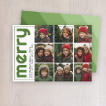 Retro Stripe - merry - 9 Photo monochromatic green Feiertagskarte<br><div class="desc">FRONT DESIGN: A collage of 9 photos in a simple grid to highlight many pic from the past year. The photo grid is off center with a thin border surrounding the entire card. A modern look for a holiday photo card with bright teal aqua colored accents and "merry" in a...</div>