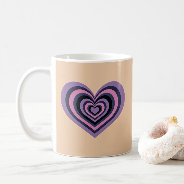 Retro Striped Heart Mug - Purple on Beige Kaffeetasse (Mit Donut)