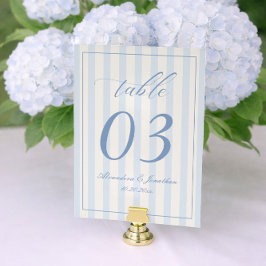 Retro Striped White and Blue Wedding Table Number Tischnummer