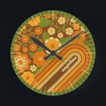 Retro Stripes and Funky Flowers with Custom Name Runde Wanduhr<br><div class="desc">A fun design with funky flowers and a retro stripe background. A throwback design with avocado green,  brown and orange shades.</div>