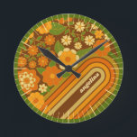 Retro Stripes and Funky Flowers with Custom Name Runde Wanduhr<br><div class="desc">A fun design with funky flowers and a retro stripe background. A throwback design with avocado green, brown and orange shades.</div>