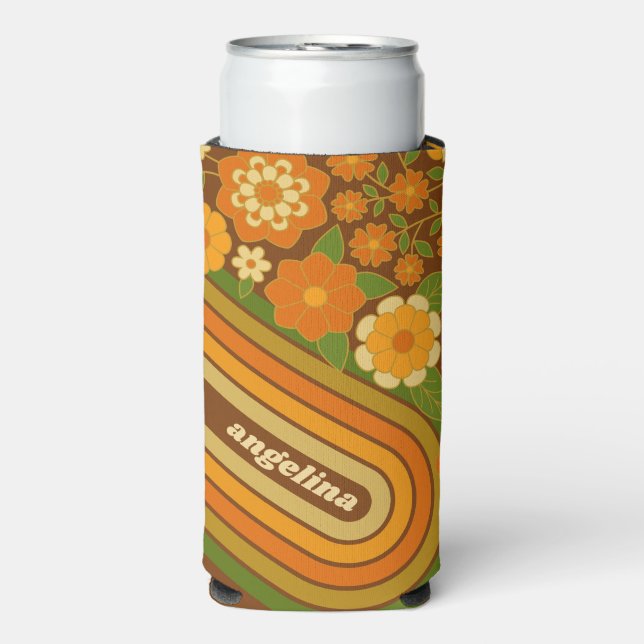Retro Stripes and Funky Flowers with Custom Name Selters Dosenkühler (Seltzer Vorderseite)