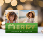 Retro Stripes - Green MERRY - 2 Foto Vintages Flai Folien Feiertagskarte<br><div class="desc">Front - Olive grün und Weihnachten Grün in einem Retro-Streifen Muster. Ein Retro-Design für eine Urlaubskarte mit einem trendigen und anderen Design mit dem Wort "Merry" in einem großen Schlagzeilen. Fügen Sie 2 Fotos und Familiensignatur zu diesem lustigen und dynamischen Design hinzu.</div>