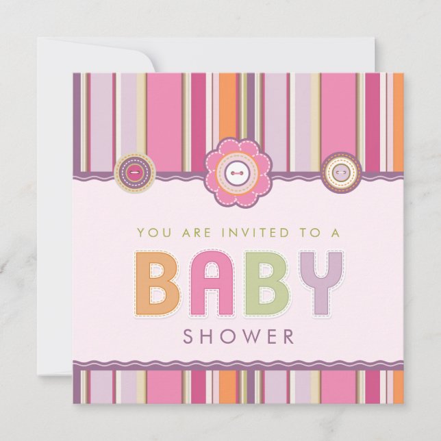 Retro Stripes Tasten Pink Baby Dusche Einladung (Vorderseite)