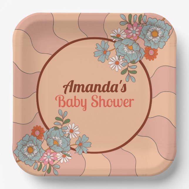Retro Style Blume Baby Dusche Party Paper Teller (Vorderseite)