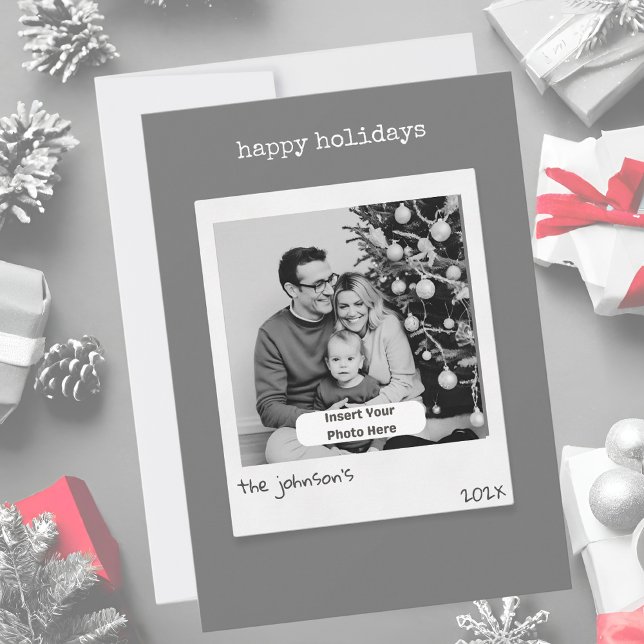 Retro Style Foto Personalisiert Grau Weihnachten (Modern retro photo style personalized dark gray flat christmas card)