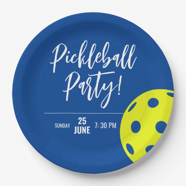 Retro Style Neon Blue Themed Pickleball Geburtstag Pappteller (Vorderseite)