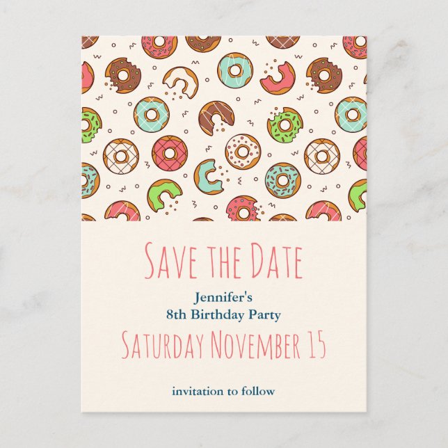 Retro Style Niedlich Donut Muster Save the Date Einladungspostkarte (Vorderseite)