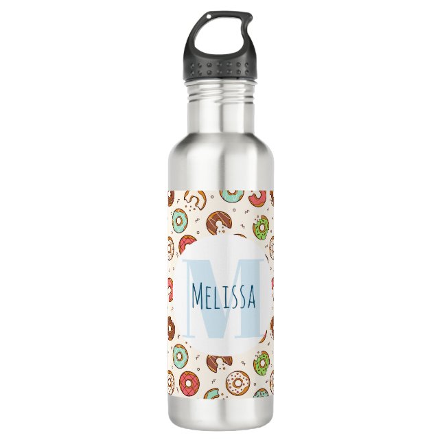 Retro Style Niedliche Donut Muster Monogramm Edelstahlflasche (Vorderseite)
