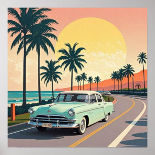 Retro-style Oldtimer auf einer Küstenstraße Poster