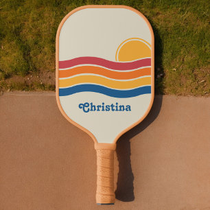 Retro Style Sunrise Pastel Rainbow-Skriptname Pickleball Schläger