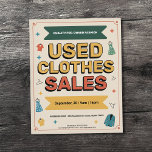 Retro-Style - Used Clothes Sales  Flyer<br><div class="desc">A retro-style promotional flyer for a used clothing sale featuring bold retro typography,  colorful design elements,  hangers,  stars and illustrated clothing items like floral dress,  shirts,  hangers and jacket in vintage pastel colors.</div>