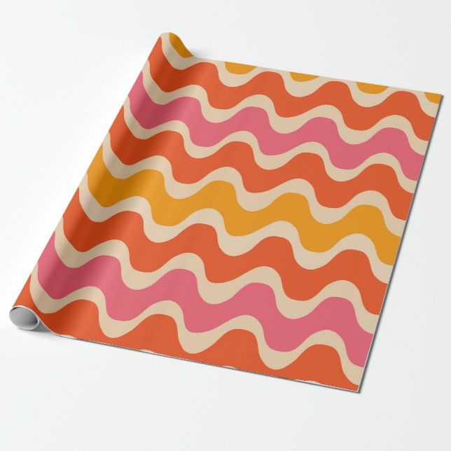 Retro Style Waves Muster in Rosa, Orange und Rot Geschenkpapier (Ungerollt)