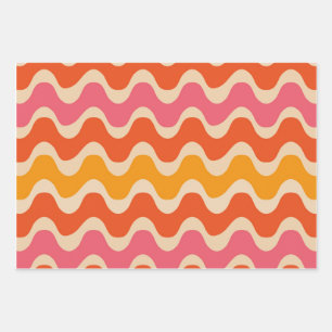 Retro Style Waves Muster in Rosa, Orange und Rot Geschenkpapier Set