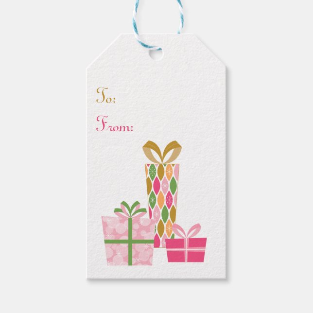 Retro Style Weihnachtsgeschenke - Pink Harlequin Geschenkanhänger (Vorderseite)
