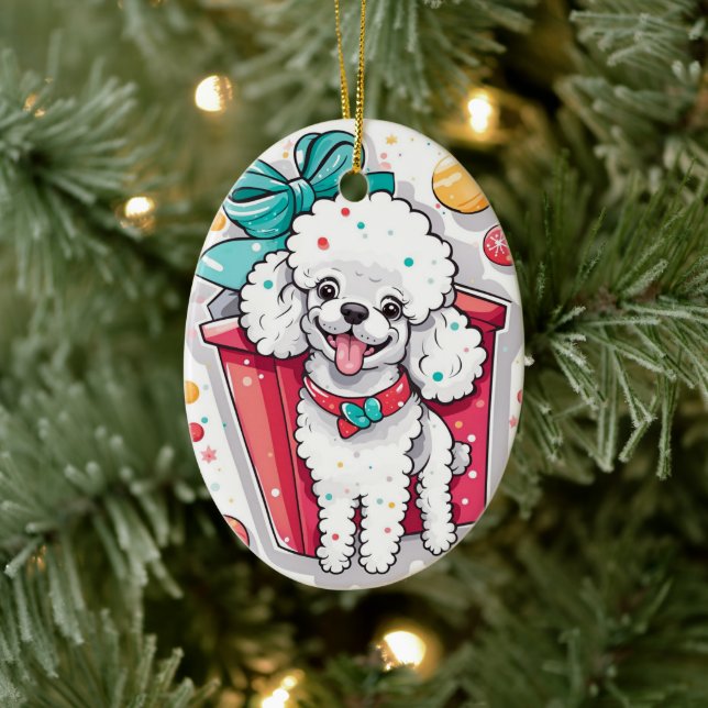 Retro Style White Poodle Weihnachten Keramik Ornament (Baum)