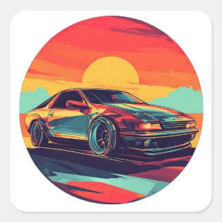 Retro Styling Sports Car mit Sonnenuntergang Quadratischer Aufkleber