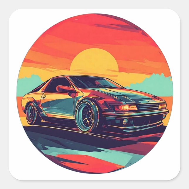 Retro Styling Sports Car mit Sonnenuntergang Quadratischer Aufkleber (Vorderseite)