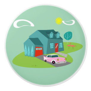 Retro Suburban House Keramik Pull Keramikknauf