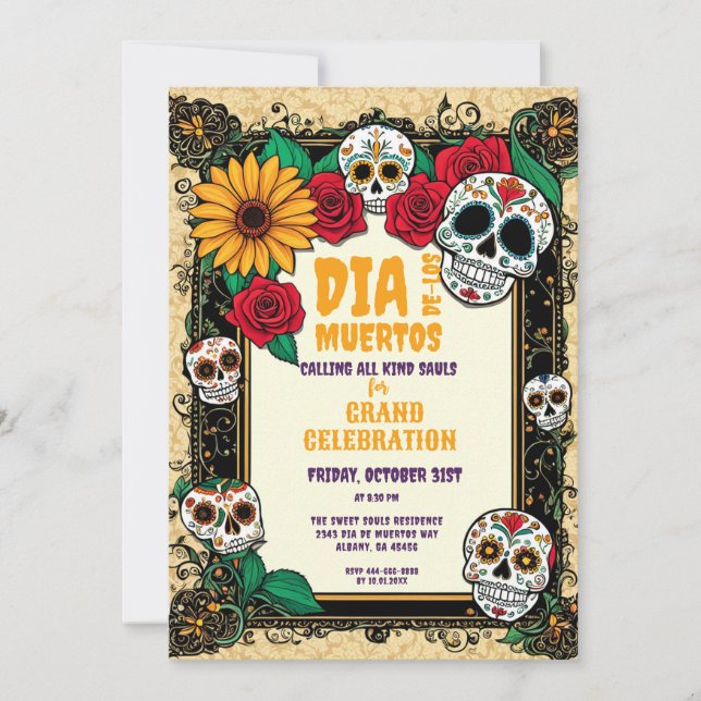 Retro Sugar Skulls Día de los Muertos Celebration Einladung (Vorderseite)