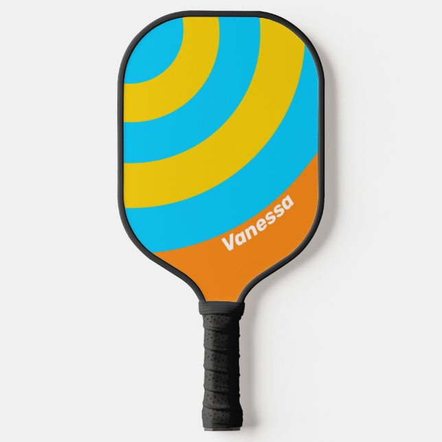 Retro Summer Beach Circle Streifen mit Namen Pickleball Schläger (Vorderseite)