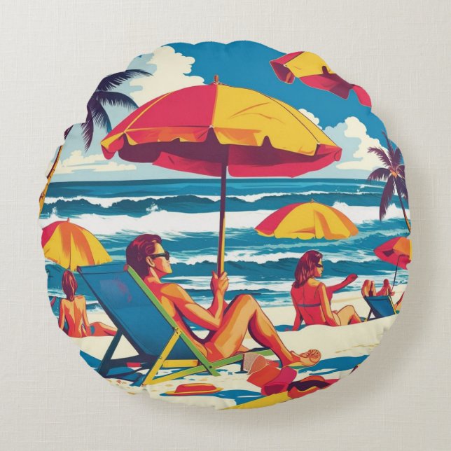 Retro Summer Beach Scene Throw Pillow  Rundes Kissen (Vorderseite)
