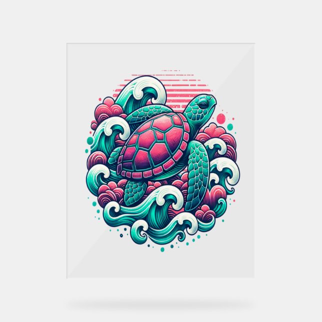 Retro Summer Ocean Wave Turtle Acrylschild (Vorderseite)