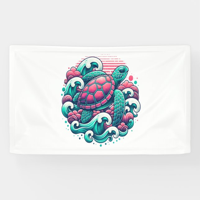 Retro Summer Ocean Wave Turtle Banner (Horizontal)