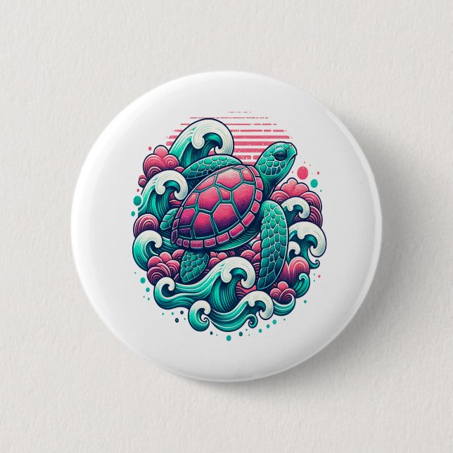Retro Summer Ocean Wave Turtle Button (Vorderseite)