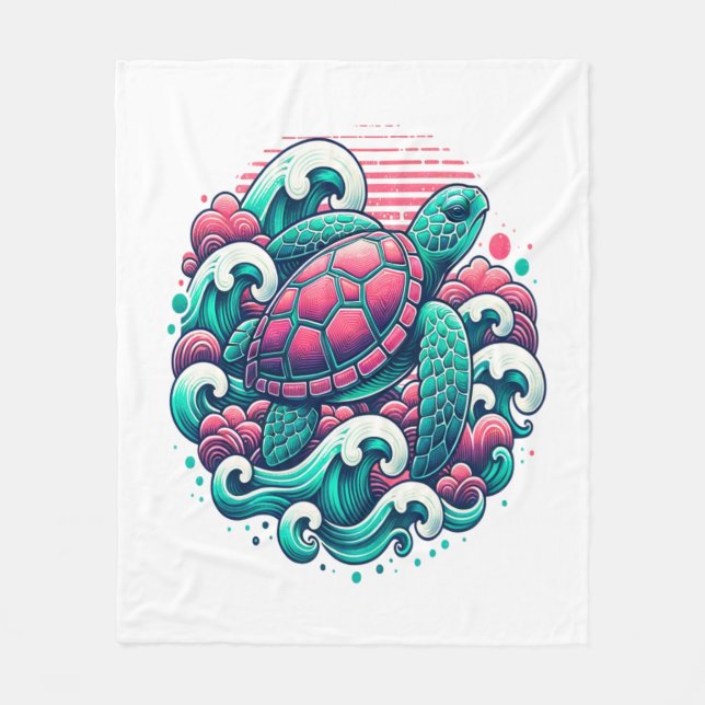 Retro Summer Ocean Wave Turtle Fleecedecke (Vorderseite)