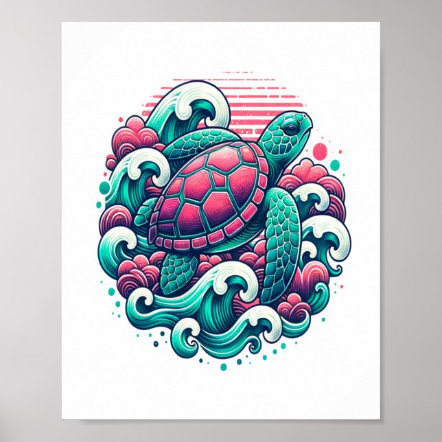 Retro Summer Ocean Wave Turtle Poster (Vorne)