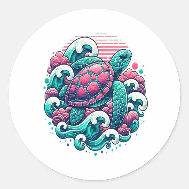 Retro Summer Ocean Wave Turtle Runder Aufkleber (Vorderseite)