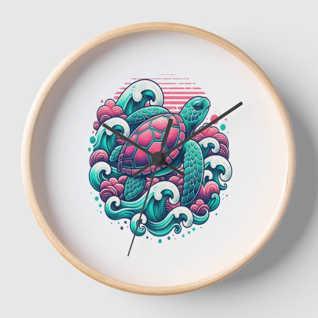 Retro Summer Ocean Wave Turtle Uhr (Vorderseite)