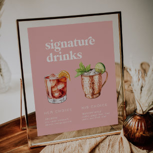 Retro Summer Pink Watercolor Signature Drinks Zeic Poster