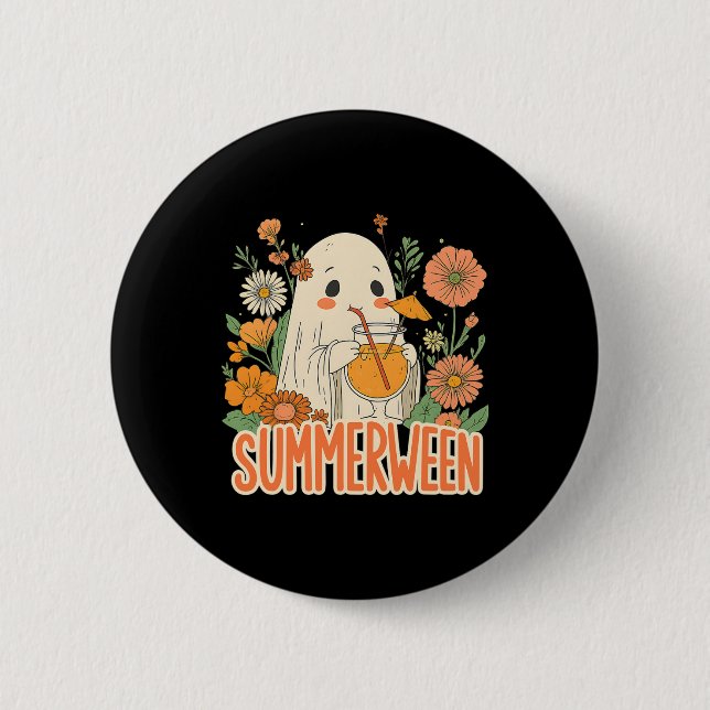 Retro Summerween Geist Boho Blumen Sommer Hallowee Button (Vorderseite)