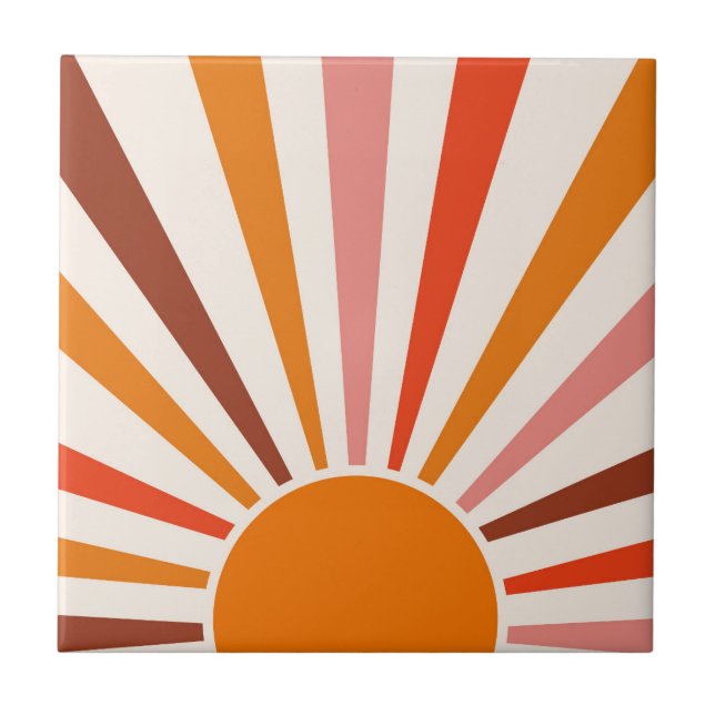 Retro Sun Burst Sonnenuntergang Orange Gelb Rosa Fliese (Vorderseite)