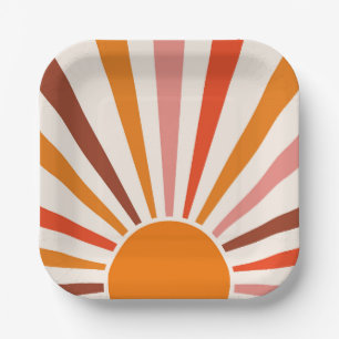 Retro Sun Burst Sonnenuntergang Orange Gelb Rosa Pappteller