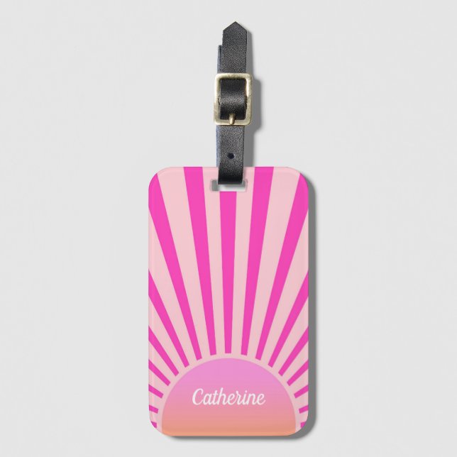 Retro Sun Burst Sunset Sunrise Hot Pink Ombre Gepäckanhänger (Vorderseite Vertikal)