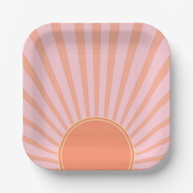 Retro Sun Burst Sunset Sunrise Pastell Pink Pappteller (Vorderseite)