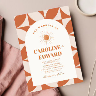 Retro Sun Colorful Wavy Boho Wedding Qr Code Einladung